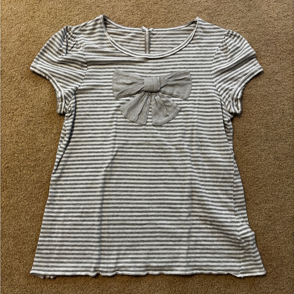 Gray & White Striped Top with Front Bow Accent Size 14